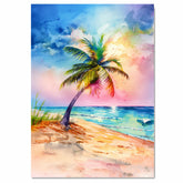 Watercolor Painting of a Multicolored Palm Tree on a Tropical Beach with Ocean Waves and Vibrant Sunset Sky on Ready to Hang 1.5" Thick Canvas Wrap, Floating Framed Canvas, Flat Rolled Canvas
